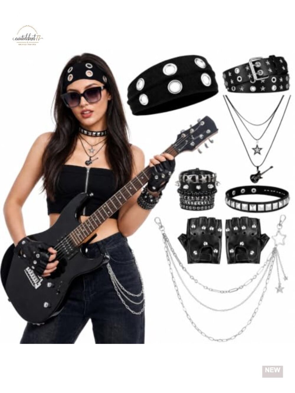 7Pc Punk Rock Costume Set 80s 90s Rockstar Accessories Gloves Belt Chain